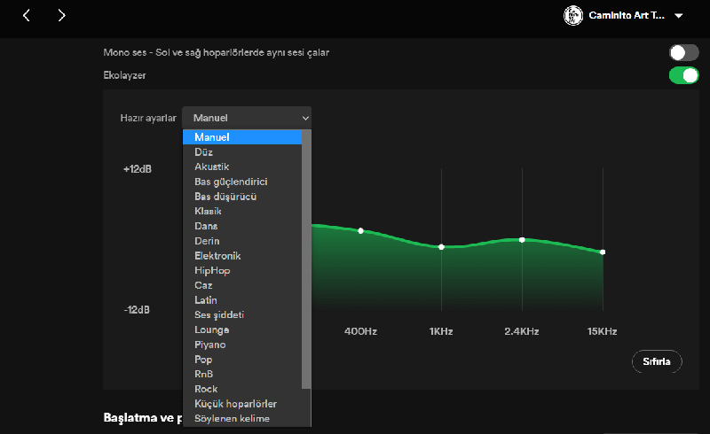 Spotify Ekolayzer Drop Down menü